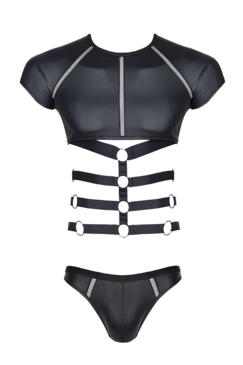 MĘSKI KOMPLET Z WETLOOKA: T-SHIRT Z OZDOBNĄ GUMĄ, STRINGI Z OZDOBNĄ TAŚMĄ Z PRZODU S MĘSKI KOMPLET Z WETLOOKA: T-SHIRT Z OZDOBNĄ GUMĄ, STRINGI Z OZDOBNĄ TAŚMĄ Z PRZODU S