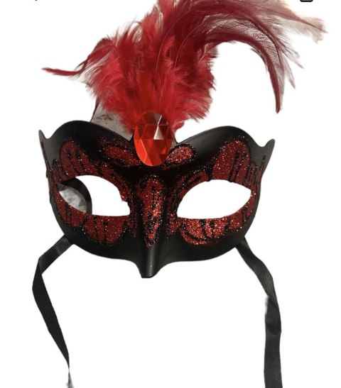 MASKA-VENETIAN MASK RED WITH RED STONE AND FEATHER MASKA-VENETIAN MASK RED WITH RED STONE AND FEATHER
