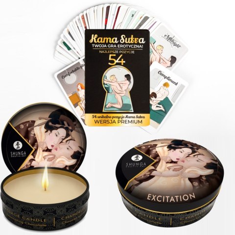 KARTY Z POZYCJAMI KAMASUTRA I ŚWIECA DO MASAŻU EXCITATION INTOXICATING CHOCOLATE 30ML SHUNGA