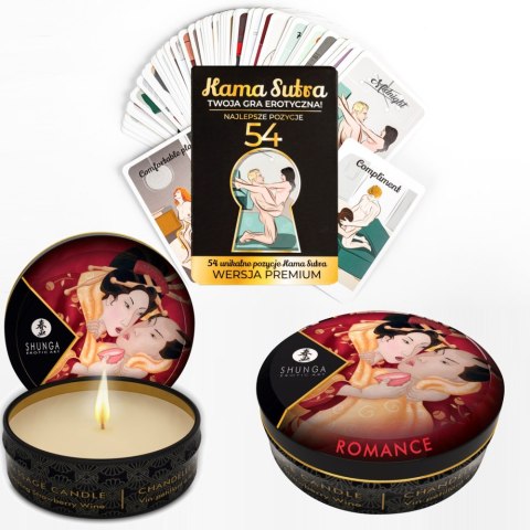 KARTY Z POZYCJAMI KAMASUTRA I ŚWIECA DO MASAŻU ROMANCE SPARKLING STRAWBERRY WINE 30ML SHUNGA