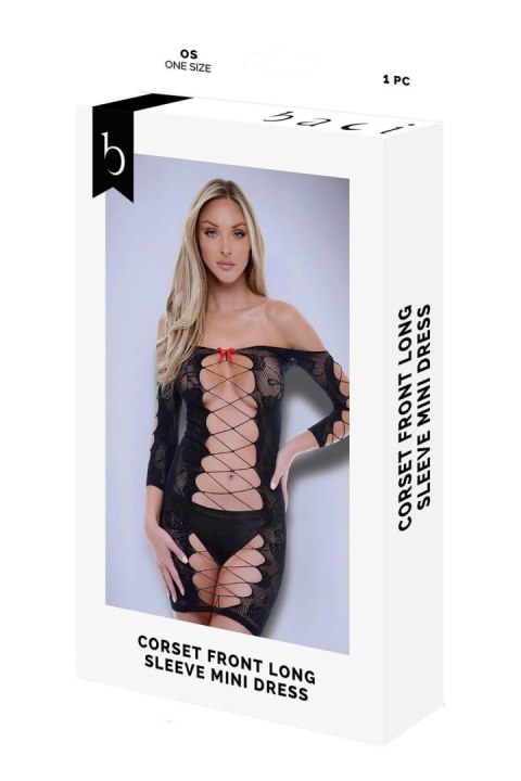 BACI CORSET FRONT LONG SLEEVE MINI DRESS BLACK, OS BACI CORSET FRONT LONG SLEEVE MINI DRESS BLACK, OS
