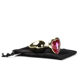 Korek Analny Stalowy Złoty Rozmiar S Kryształ Ciemno Różowe Serce